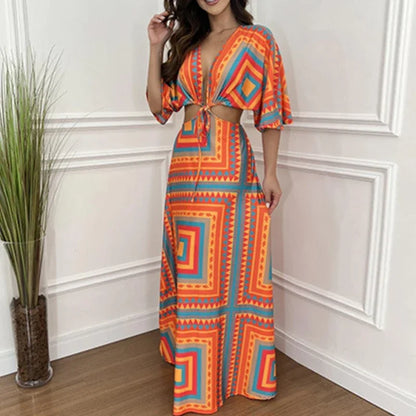 V-Neck Half Collar Bohemian Maxi Dress.