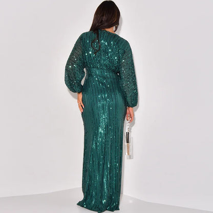 Waist Wrapped V-Neck Sequins Long Sleeve Long Dress.