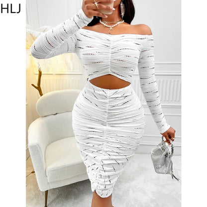 White Sexy Off Shoulder Hollow Out Knee Dress.