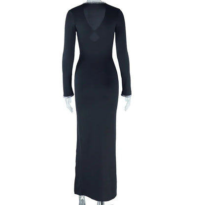 V-neck Hollow Long Sleeve Beaded Split MIDI Dress.