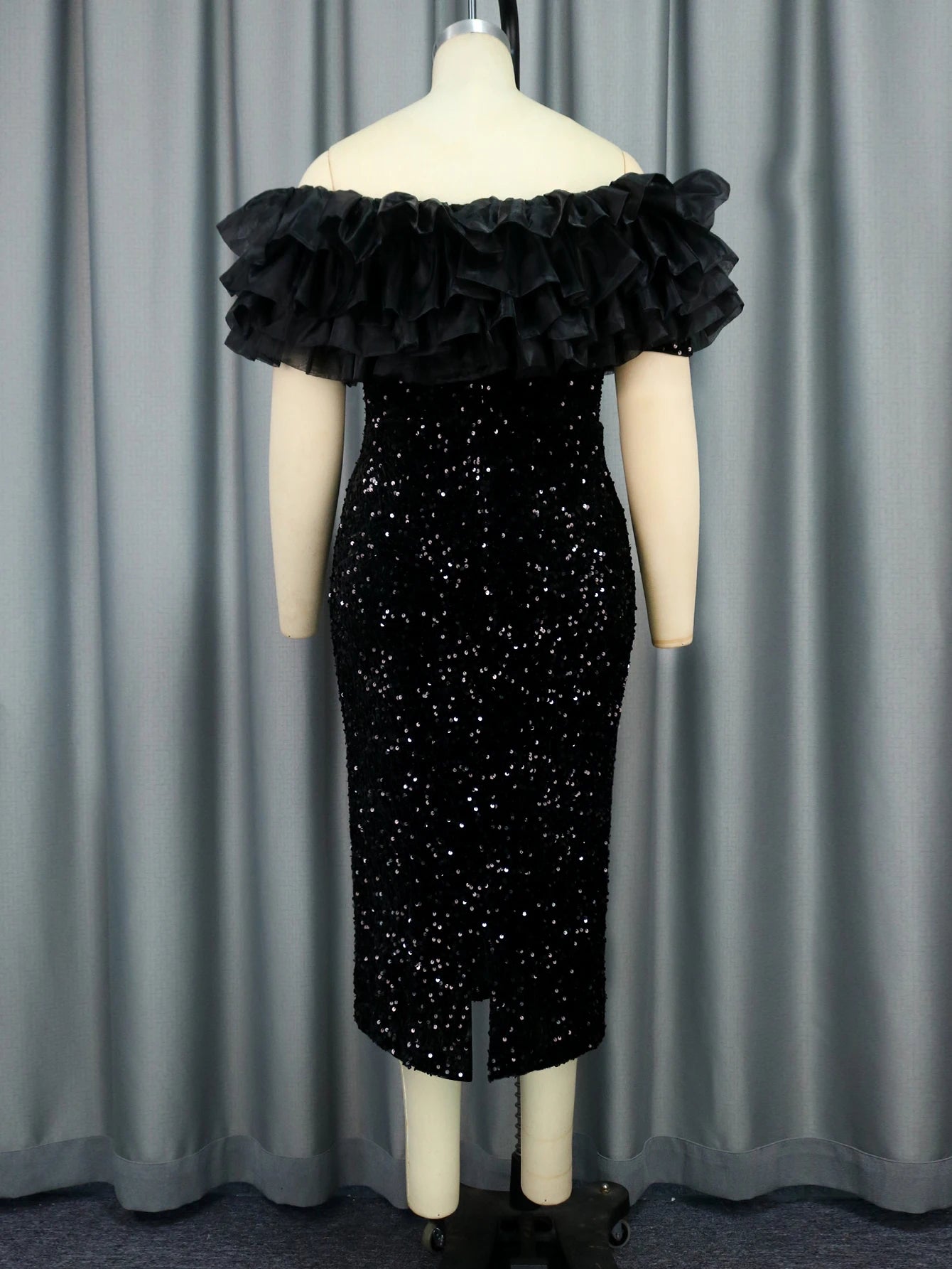 Women Classy Off Shoulder Black Sequin Dress.