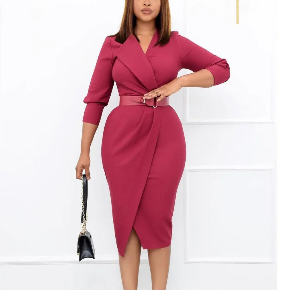 Office Ladies Elegant Solid Full Sleeve Turn Down Dress.