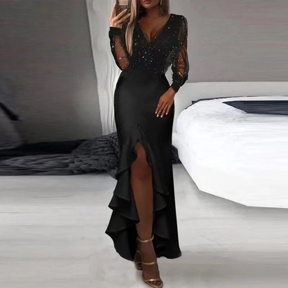 Mesh Long Sleeve V-Neck Slim Ruffle Dress.