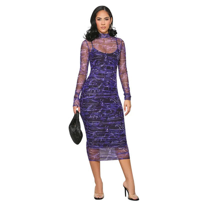Printed Round Neck Long Sleeve Slim Fit Party Dress.