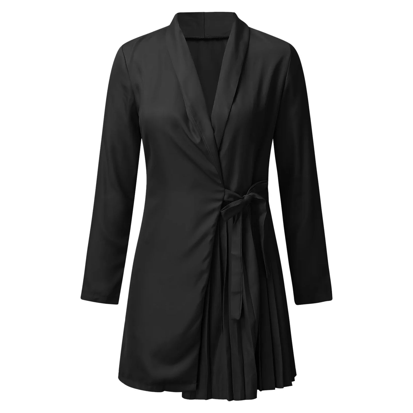 Women Long Sleeve Pleated Waist Tie Dress.