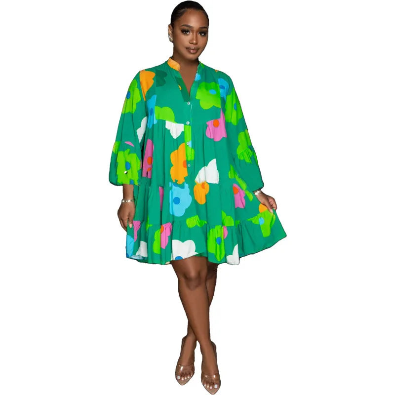 Painted Printing V-neck Long-sleeved Half-length Dress.