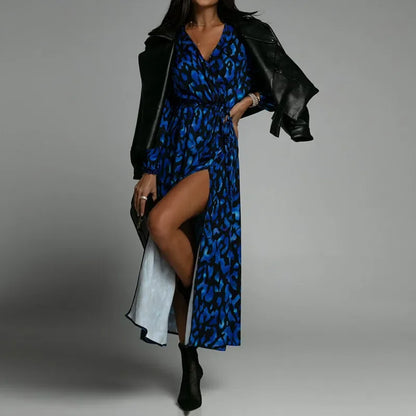 V Neck Long Sleeves Printed Sexy Split Slim Party Dress.