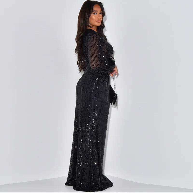 Waist Wrapped V-Neck Sequins Long Sleeve Long Dress.