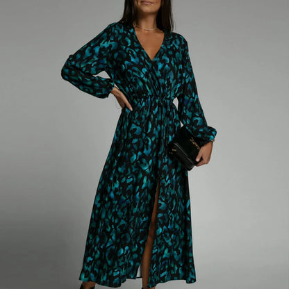 V Neck Long Sleeves Printed Sexy Split Slim Party Dress.