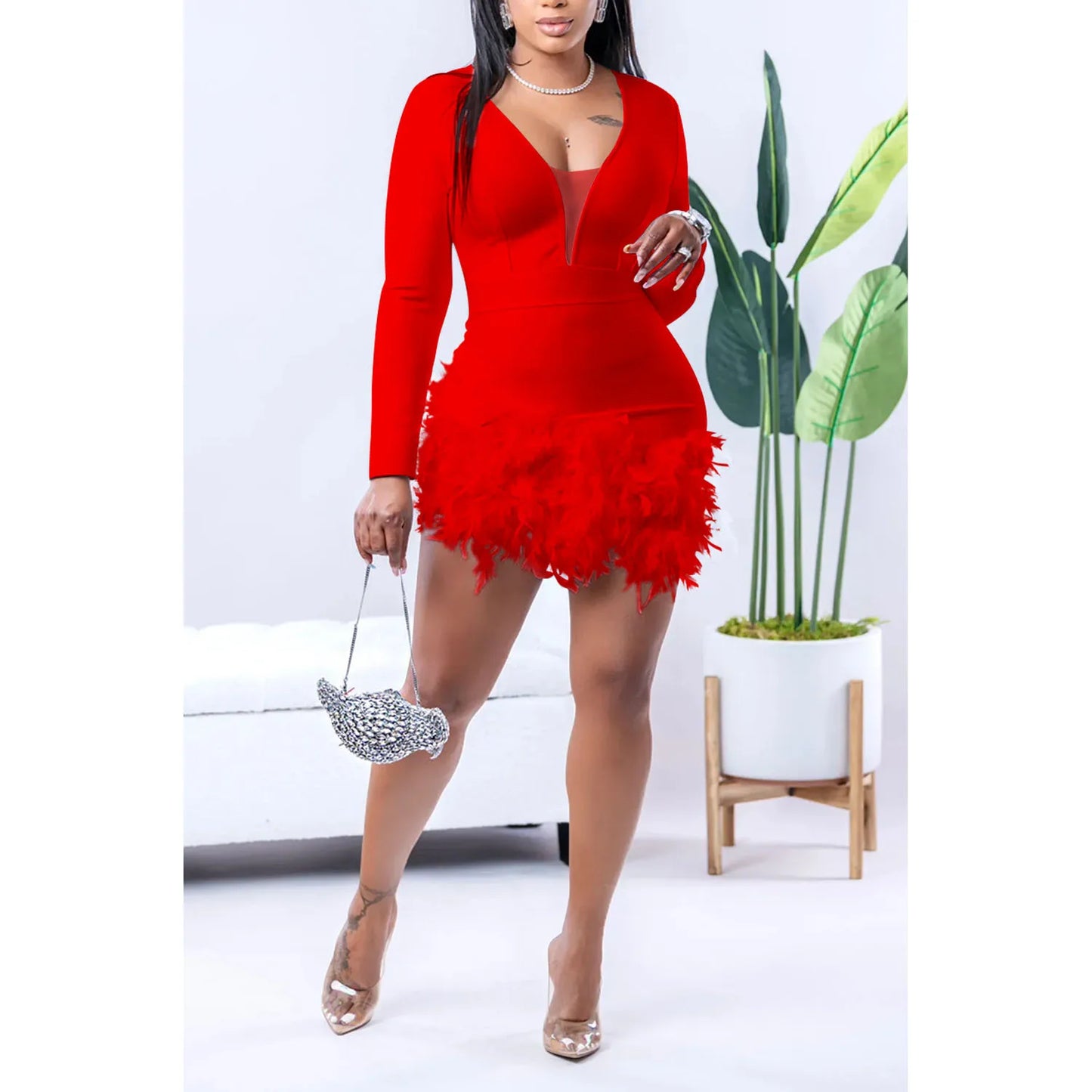 Women Sexy V Neck Long Sleeve Feather Dress.