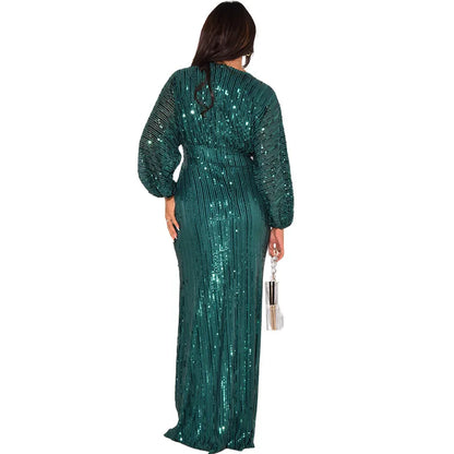 Waist Wrapped V-Neck Sequins Long Sleeve Long Dress.