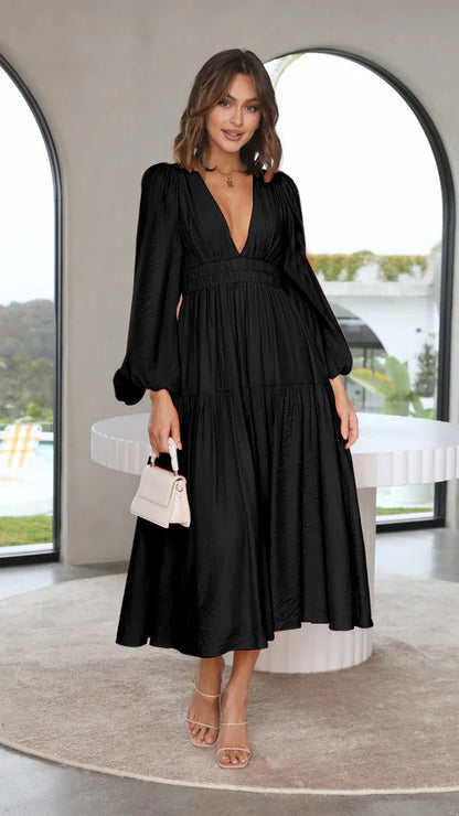 Slim Pleated V Neck Long Sleeve Dress.