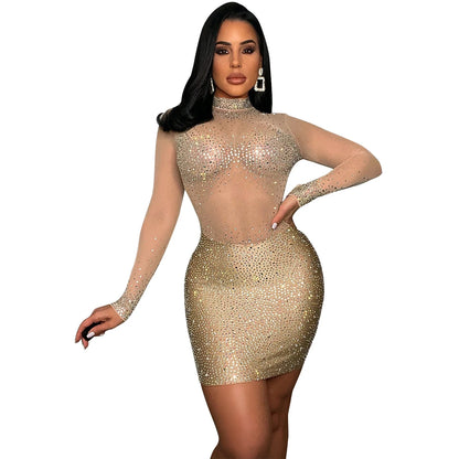 Glitter Layered Sheer Mesh Skinny Glamorous Party Evening Dress.