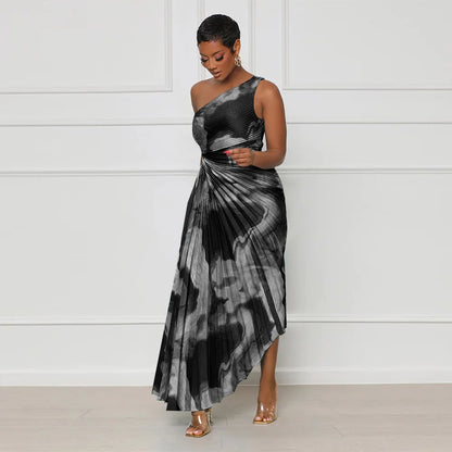Oblique Single Shoulder Pleated Print Long Dress.