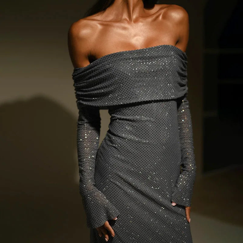 Strapless Sparkle Off-shoulder Backless Maxi Dress.