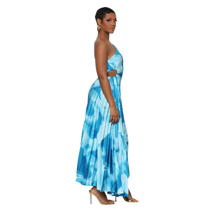 Oblique Single Shoulder Pleated Print Long Dress.