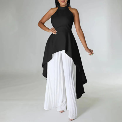 Sleeveless Irregular Top Wide Leg Pants Set Dress.