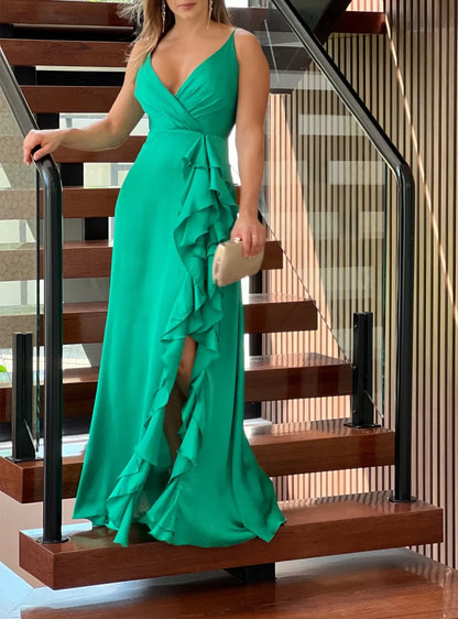 Sexy Deep V Neck Slip Fashion Ruffles Slit Maxi Dress.