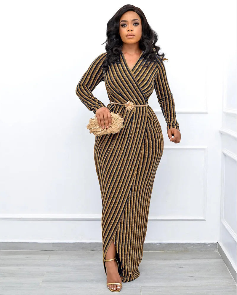 Gold and Silver Stripe Wrapped Hip Party Dress.