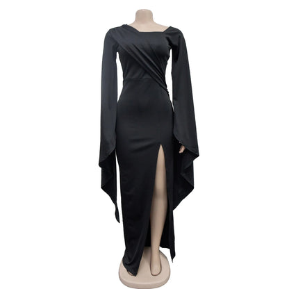 Long Sleeve Split Shawl Pleated Fishtail Dress.