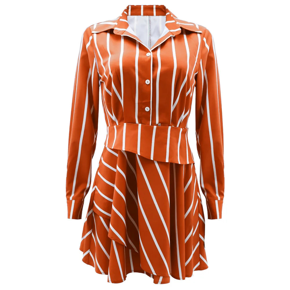 Polo Neck Striped Button Print Dress.