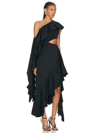 Sexy Asymmetric Ruffled Slanted Cut Out Dress.