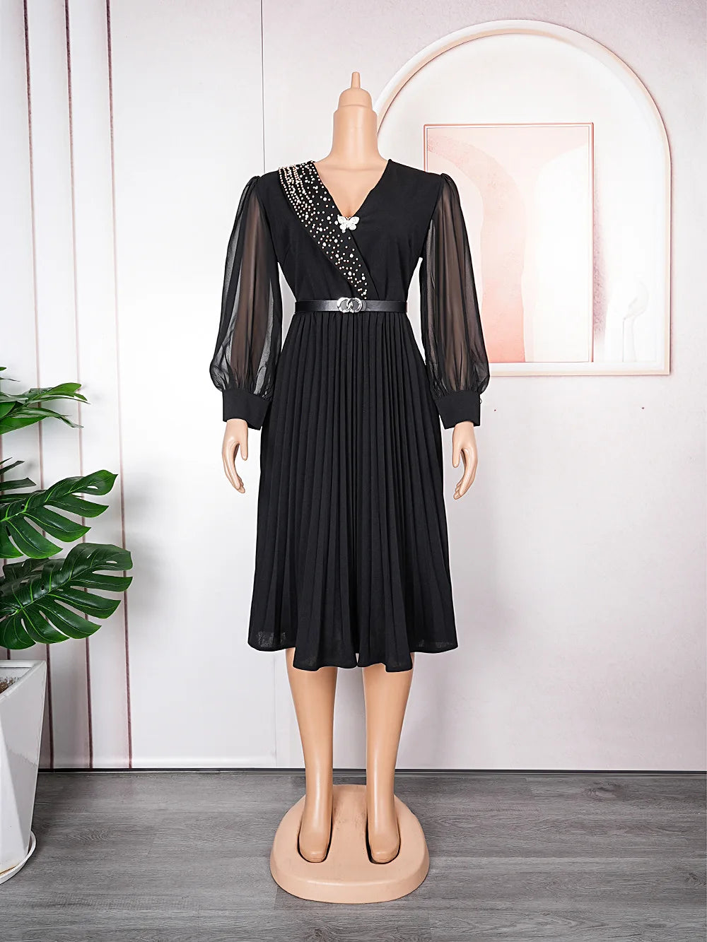 Long Sleeve V-Neck Beaded Chiffon Pleated Dress.