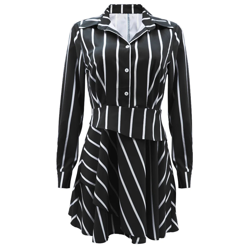 Polo Neck Striped Button Print Dress.