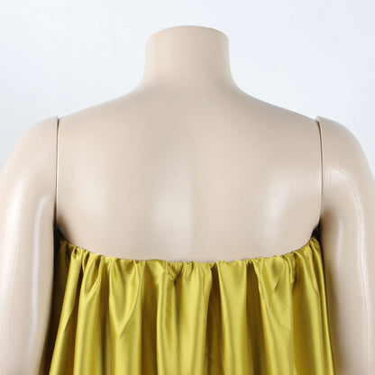 Satin Top Pressed Pleated Sleeveless Off Shoulder Evening Dress.