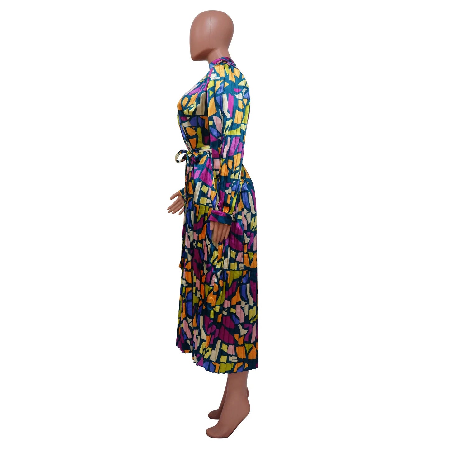 Printed Long Sleeves Pressed Pleated Dress.