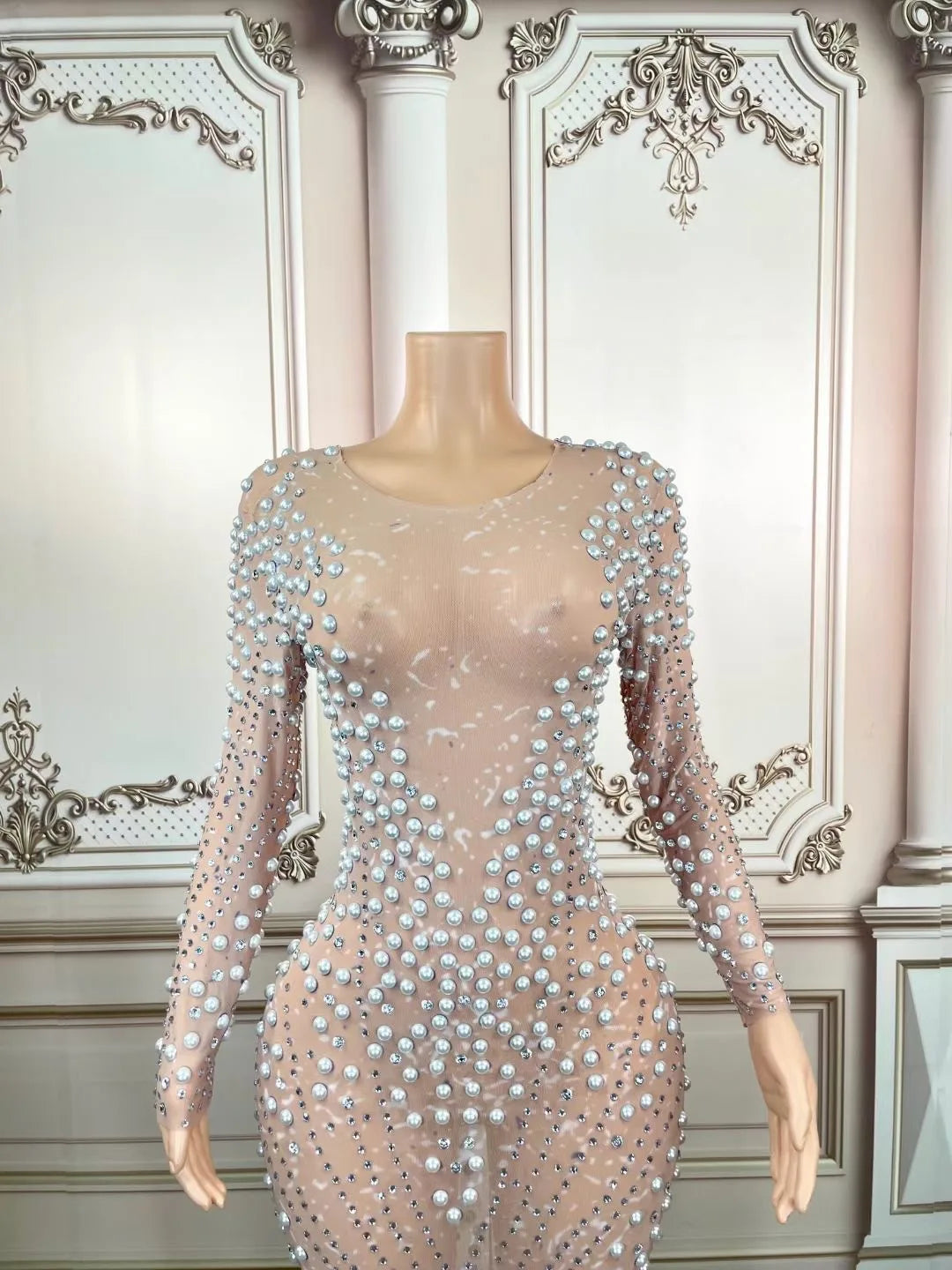 Rhinestones Pink Long Dress.