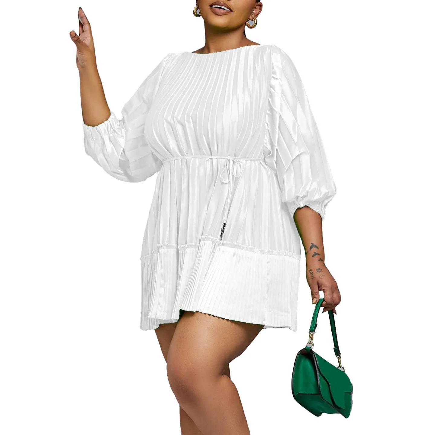 Pleated Solid Colour Loose Short Dress.