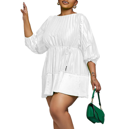 Pleated Solid Colour Loose Short Dress.