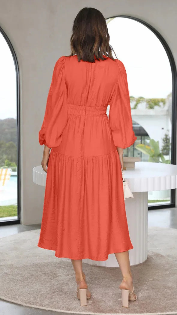 Slim Pleated V Neck Long Sleeve Dress.