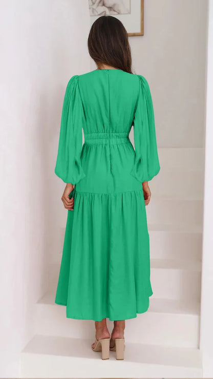 Slim Pleated V Neck Long Sleeve Dress.