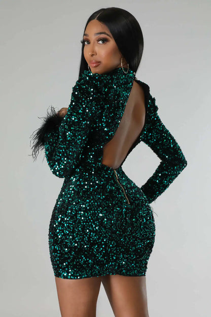 Sequins Lantern Sleeve Mini Dress.