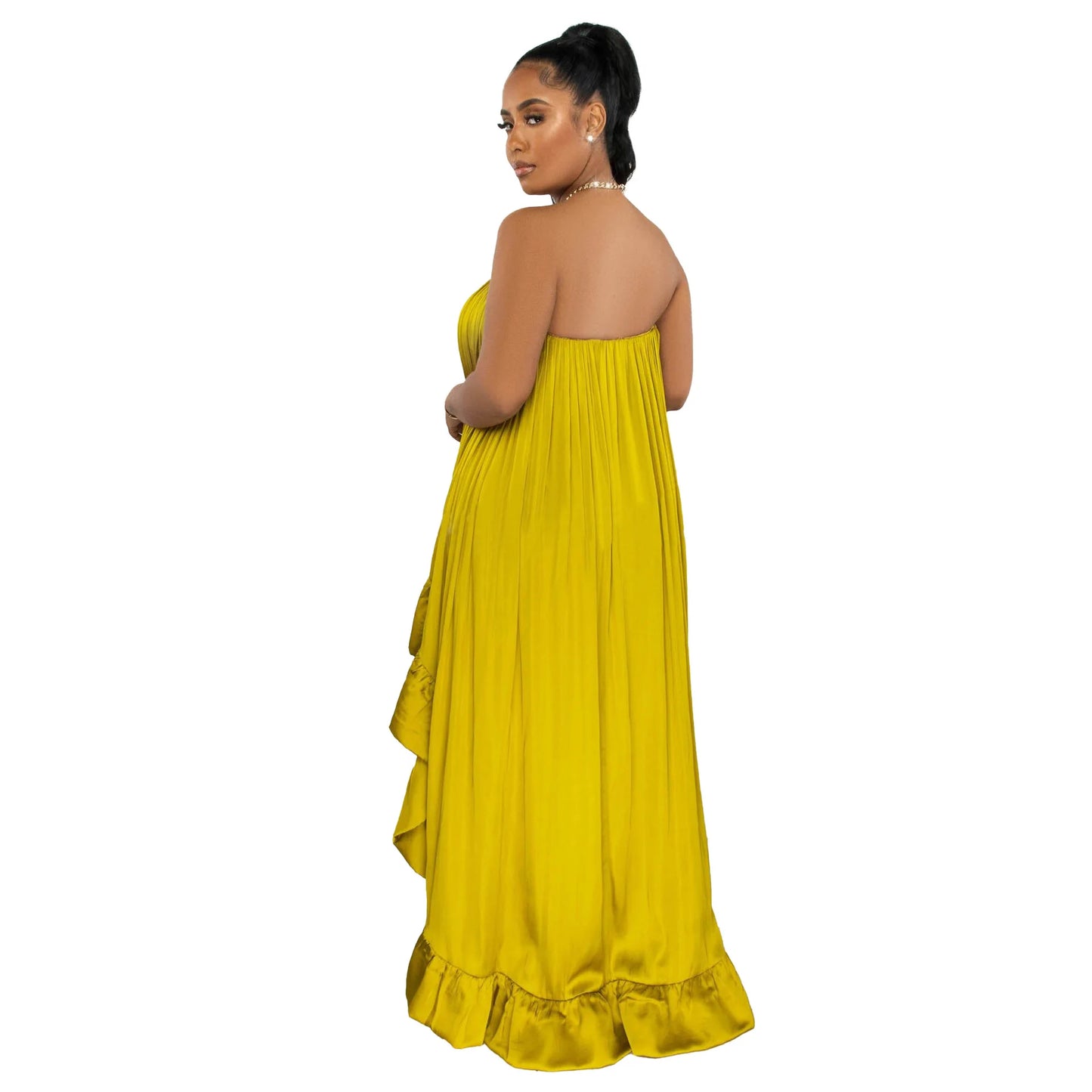 Satin Top Pressed Pleated Sleeveless Off Shoulder Evening Dress.