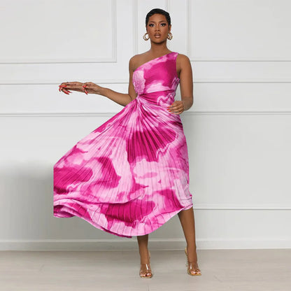 Oblique Single Shoulder Pleated Print Long Dress.