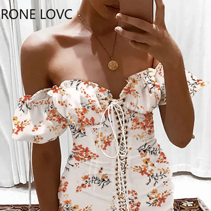 Strapless Floral Print Off Shoulder Mini Dress.