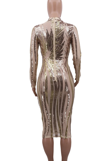 Printed Sequin Mesh Long Sleeve Wrap Hip Mini Evening Dress.