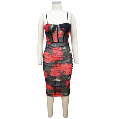 Wrapped Hip with Hanging Strap Printed Waist Wrapping Dress.