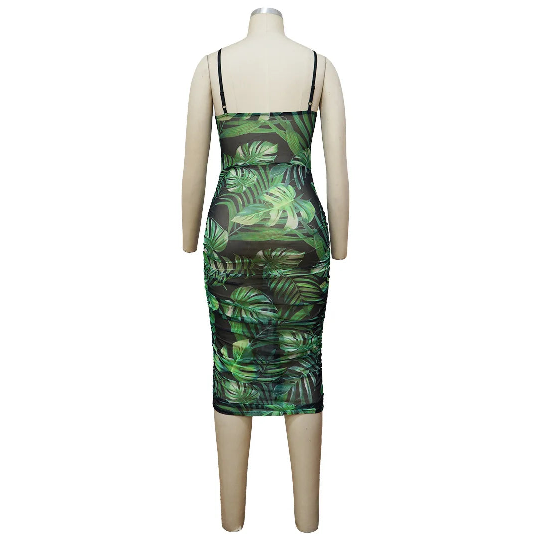 Wrapped Hip with Hanging Strap Printed Waist Wrapping Dress.