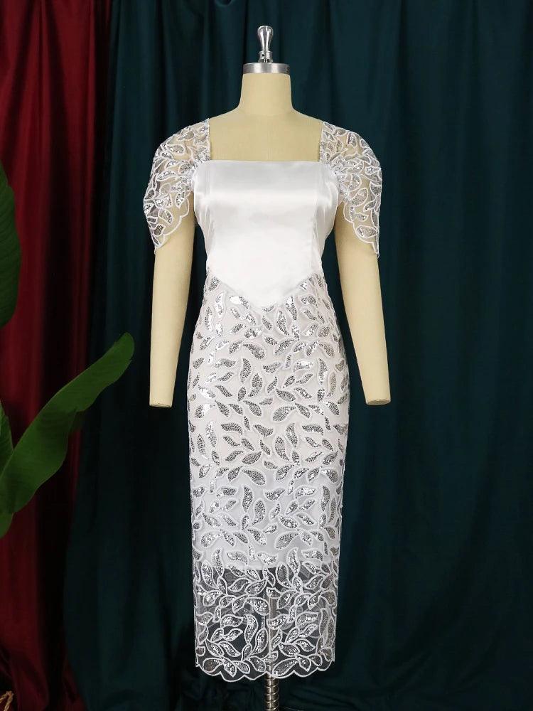 White Sequin Square Neck Backless Lace Tulle Midi Dress. - Missheko