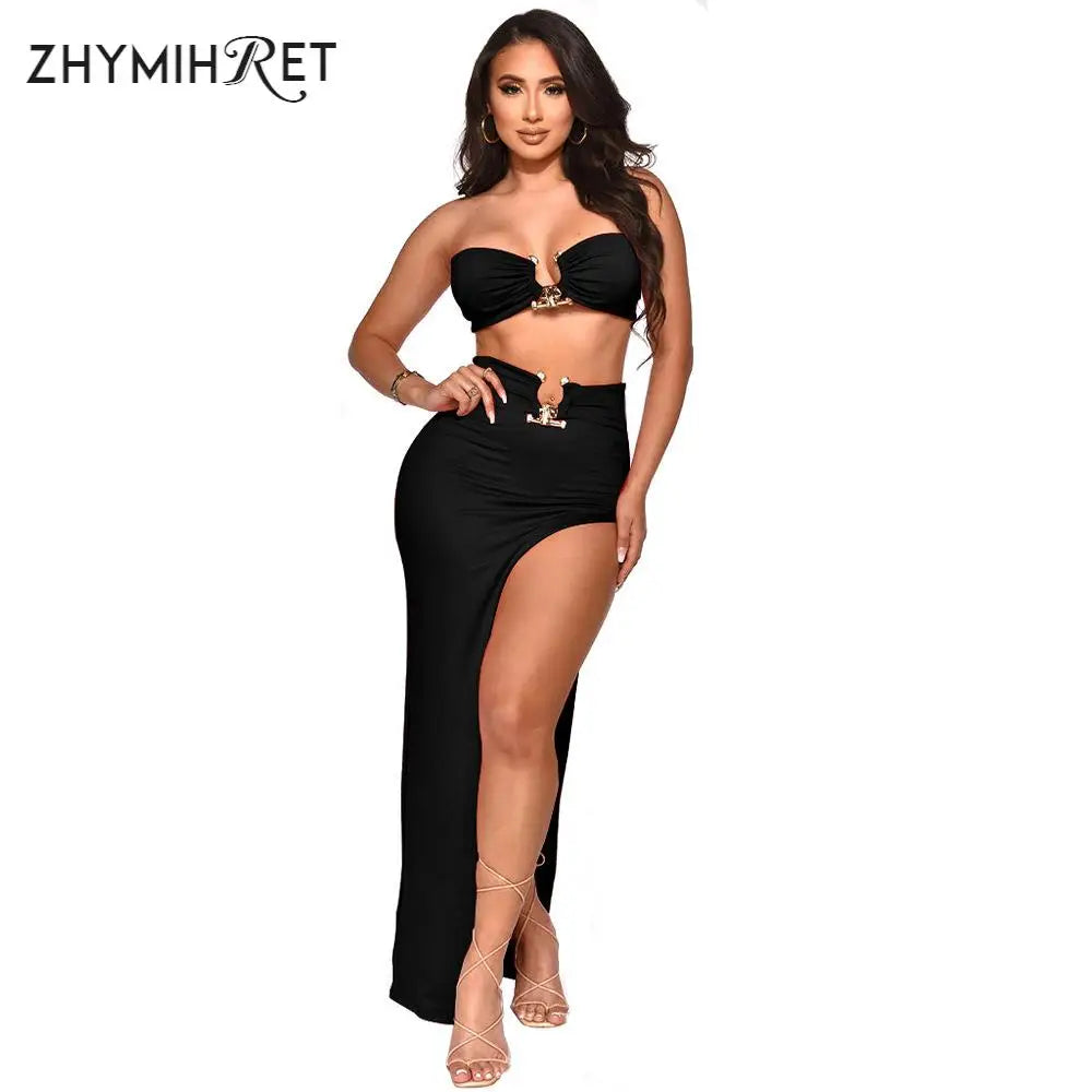 Panelled Cropped Bra And Split Two Pieces Set Dress.