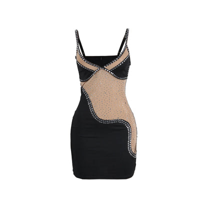 Rhinestone See Through Block Mini Spaghetti Strap Sheath Dress.