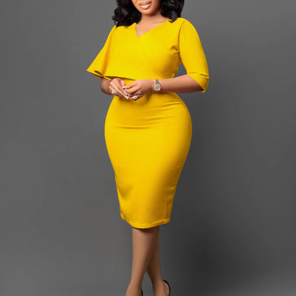 Pencil Skirt Half Sleeves Waist Wrapped Dress.