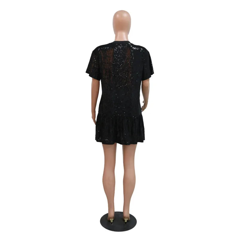 Short Sleeve Letter Sequins Shiny Casual Dress.