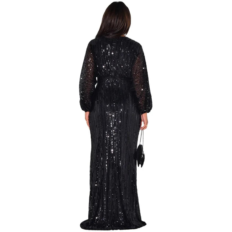 Waist Wrapped V-Neck Sequins Long Sleeve Long Dress.