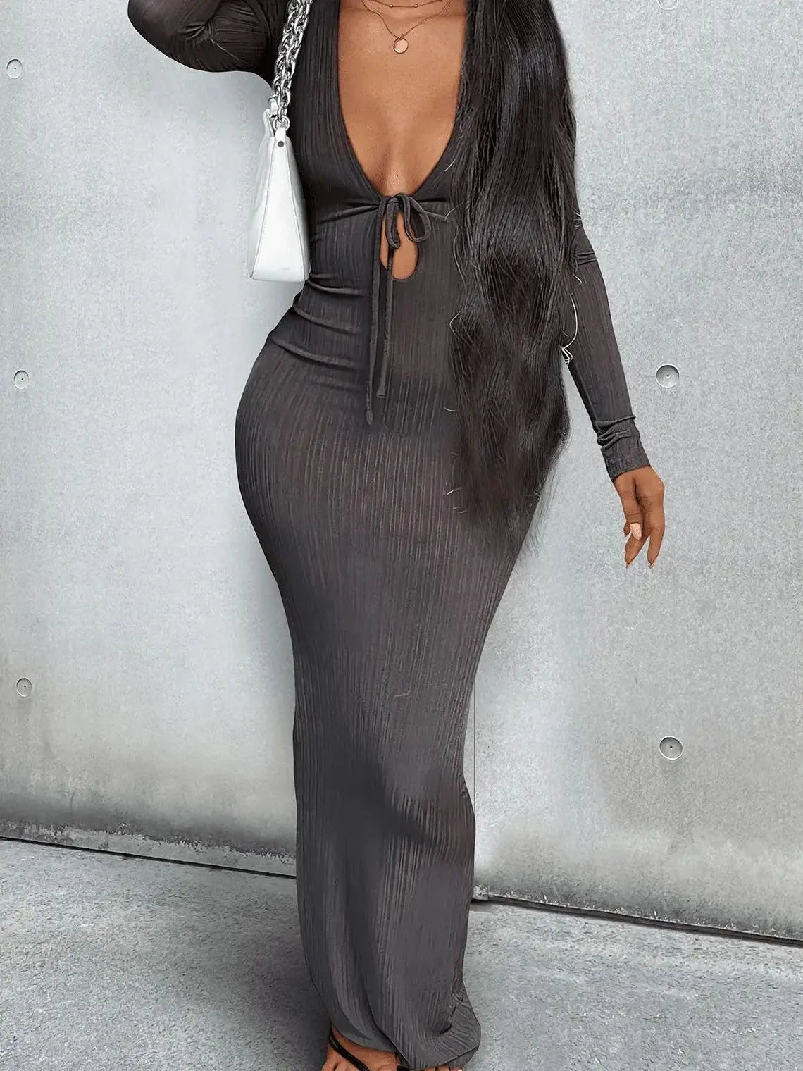 Lace Up Deep Long Sleeve V-neck Maxi Dress.