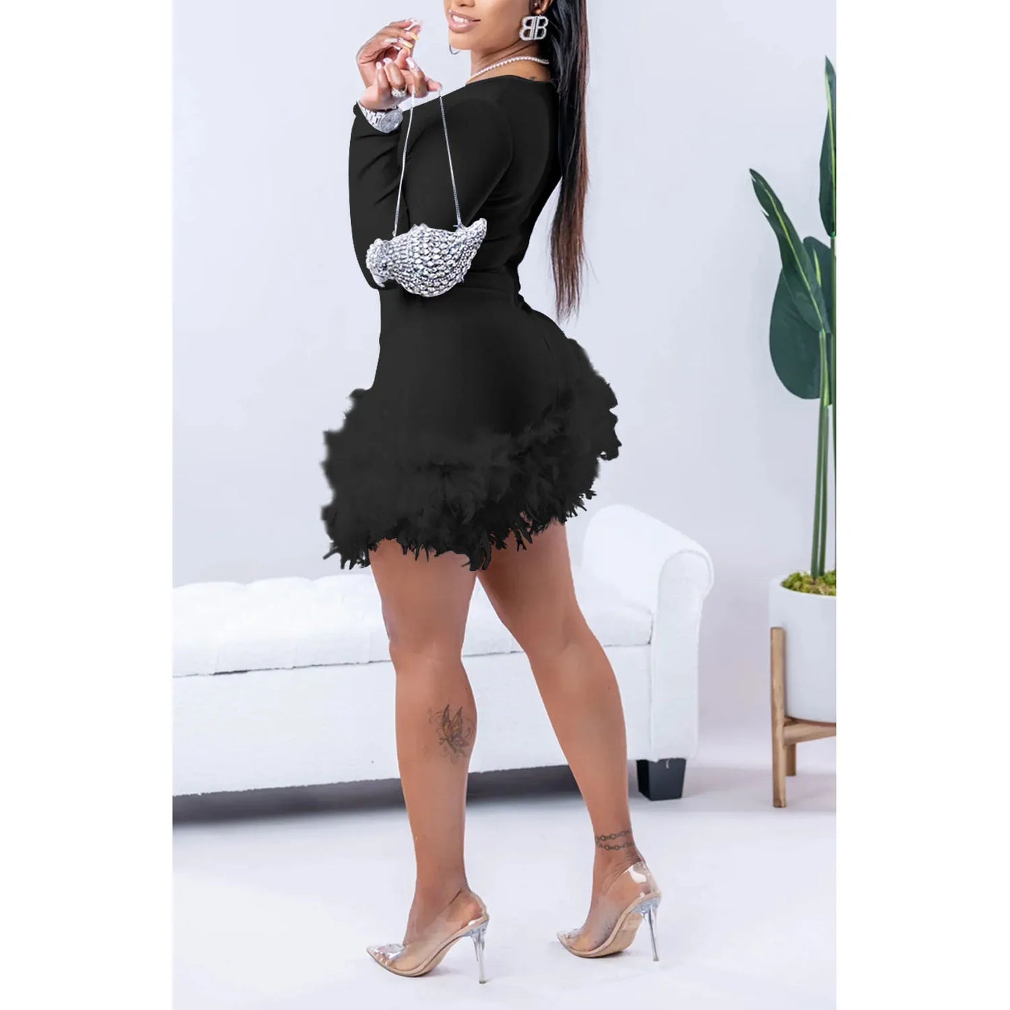 Women Sexy V Neck Long Sleeve Feather Dress.